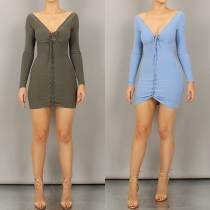 Sexy Deep V-neck Long Sleeve Solid Color Lace-up Tight Dress