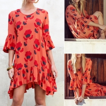 Sweet Style 3/4 Sleeve Round Neck Ruffle Printed Dress