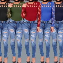 Sexy Hollow Out Long Sleeve Round Neck Solid Color T-shirt