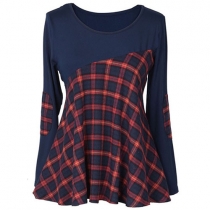 Fashion Plaid Spliced Long Sleeve Round Neck Swing Dress 