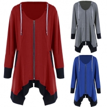 Fashion Casual Color Spliced Long Sleeve Irregular Hemline Hoodie Tops 