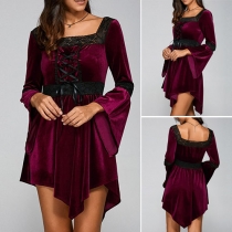Fashion Retro Lace Spliced Bandage Irregular Hemline Dress 
