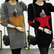 Fashion Long Sleeve Round Neck Pentagram Printed Dress