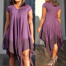 Fashion Contrast Color Short Sleeve Round Neck Irregular Hem Dress