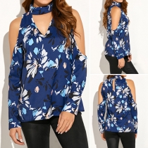 Sexy Off-shoulder Long Sleeve V-neck Printed Tops