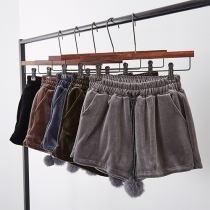 Fashion Solid Color Lace-up Hairball Elastic Waist Shorts