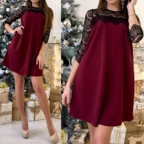 Fashion Lace Spliced 3/4 Sleeve Round Neck A-line Dress
