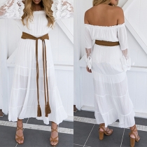 Sexy Boat Neck Lace Spliced Trumpet Sleeve High Waist Maxi Dress
