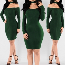 Sexy Off-shoulder Slash Neck Long Sleeve Solid Color Bodycon Dress