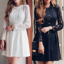 Elegant Solid Color Long Sleeve Round Neck High Waist Lace Dress