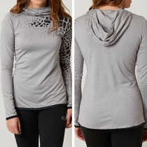 Fashion Leopard Print Long Sleeve Cowl Neck Hooded Sweatshirt