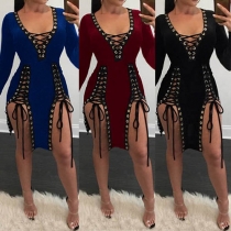 Sexy Deep V-neck Slit Hem Lace-up Hollow Out Dress