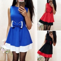 Fashion Elegant Color Spliced Sleeveless Waist Bowknot Dress  
