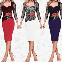 Fashion Elegant Lace Flower Embroidery 3/4 Sleeve Bodycon Dress