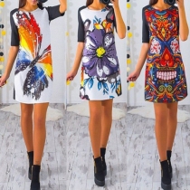 Fashion Retro Printed Short Sleeve Slim Fit Dress 