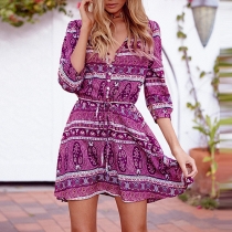 Fashion Bohemian Printed V-neck Single-breasted Dress