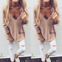 Fashion Sexy Solid Color Deep V-neck Long Sleeve Tops 