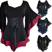 Fashion Color Spliced Bandage Puff Sleeve Tops 