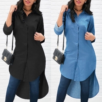 Enfärgad jeans långärmad topp med kall axel och oregelbunden nederkant
