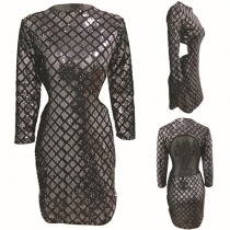Fashion Sexy Solid Color Sequin Long Sleeve Bodycon Dress 