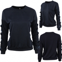 Fashion Casual Solid Color Round Neck Bowknot Long Sleeve Tops 