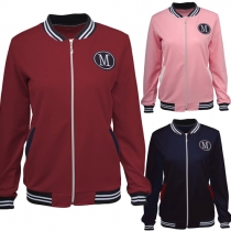 Fashion All-match Long Sleeve Stand Collar Front Zipper Baseball Coat 
