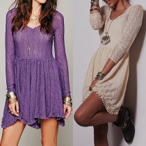 Elegant Solid Color Long Sleeve V-neck Irregular Hem Lace Dress
