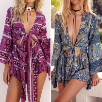 Sexy Lace-up Deep V-neck Trumpet Sleeve Printed Rompers