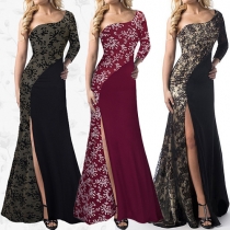 Sexy One Shoulder Slit Hem Lace Spliced Evening Dress