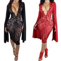 Sexy Deep V-neck Slit Long Sleeve Sequin Tight Dress