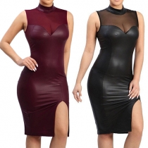 Sexy Gauze Spliced Slit Hem Sleeveless PU Leather Tight Dress