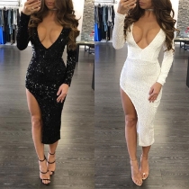 Sexy Deep V-neck Irregular Slit Hem Long Sleeve Sequin Tight Dress