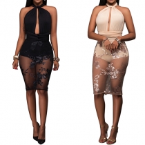 Sexy Backless Deep V-neck See-through Gauze Spliced Hem Sheath Dress