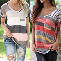 Fashion Casual Striped V-neck Short Sleeve T-shiirt