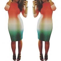 Fashion Sexy Gradient Round Neck Long Sleeve Bodycon Dress