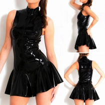 Mode Sexig Lackläder Ärmlös Front Dragkedja Bodycon Klänning