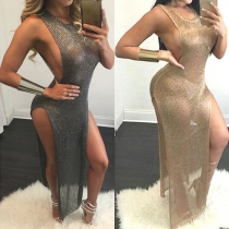 Sexy Slit Hem Sleeveless Round Neck See-through Maxi Dress