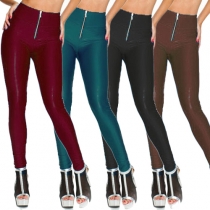 Fashion Solid Color High Waist Slim Fit PU Leather Pants