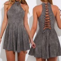 Sexy Hollow Out Lace-up Sleeveless Mock Neck Dress