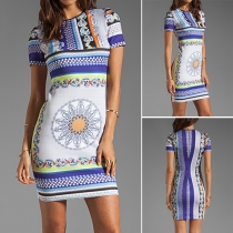 Fashion Short Sleeve Round Neck Slim Fit Printed Dress