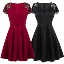 Sexy Deep V-neck Lace Spliced Short Sleeve High Waist Dress