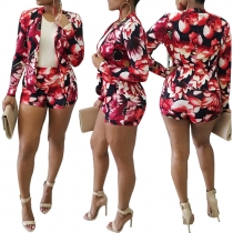 OL Style Long Sleeve Blazer + High Waist Shorts Printed Two-piece Set