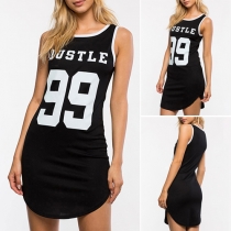 Fashion Letters Printed Sleeveless Round Neck Slim Fit Mini Dress