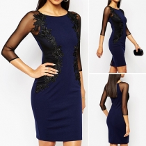 Sexy See-through Gauze Lace Spliced 3/4 Sleeve Round Neck Sheath Dress