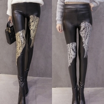 Fashion High Waist Sequin Spliced Slim Fit PU Leather Pants