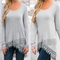 Fashion Long Sleeve Round Neck Lace Spliced Irregular Hem T-shirt