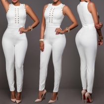 Fashion Sleeveless Round Neck High Waist Solid Color Jumpsuits