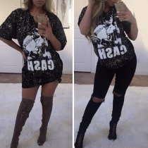 Fashion Printed Short Sleeve Lace-up V-neck T-shirt Dress