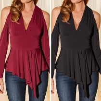 Sexy Deep V-neck Off-shoulder Long Sleeve Irregular Hem T-shirt