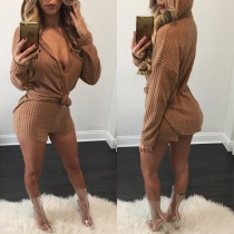 Sexy Deep V-neck Long Sleeve Hooded Top + Shorts Two-piece Set